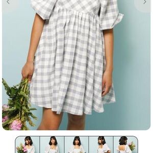 Storia Jolene Babydoll Mini Dress Size S Gingham Puff Sleeve Blue White